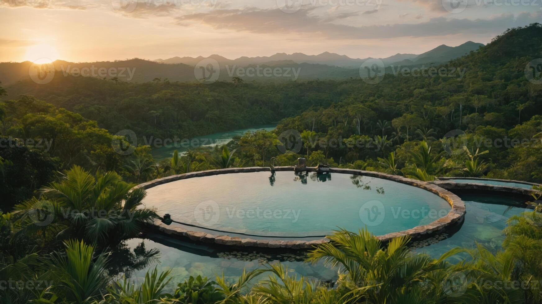 Relaxing at Infinity Pool Overlooking Lush Green Jungle and Distant Hills photo