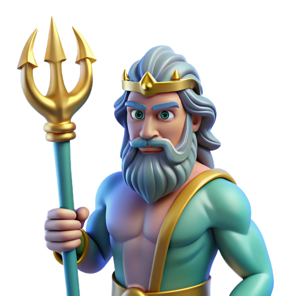 extraordinary celebrated Poseidon, God of the Sea, holding trident, powerful stance. NO BACKGROUND with Transparent Background. png