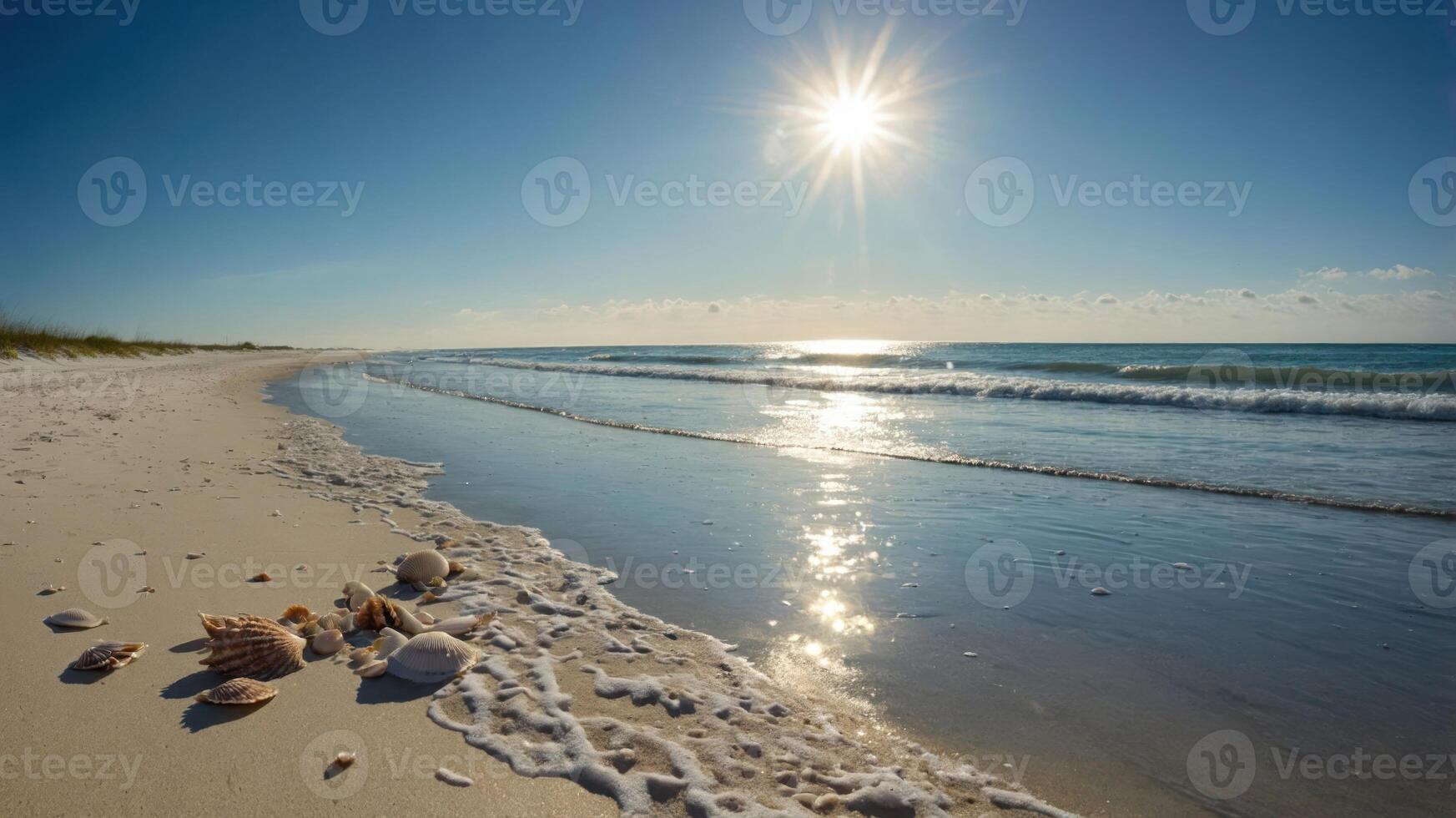 Seashells on Sandy Beach with Sparkling Waves and Bright Sunlight photo