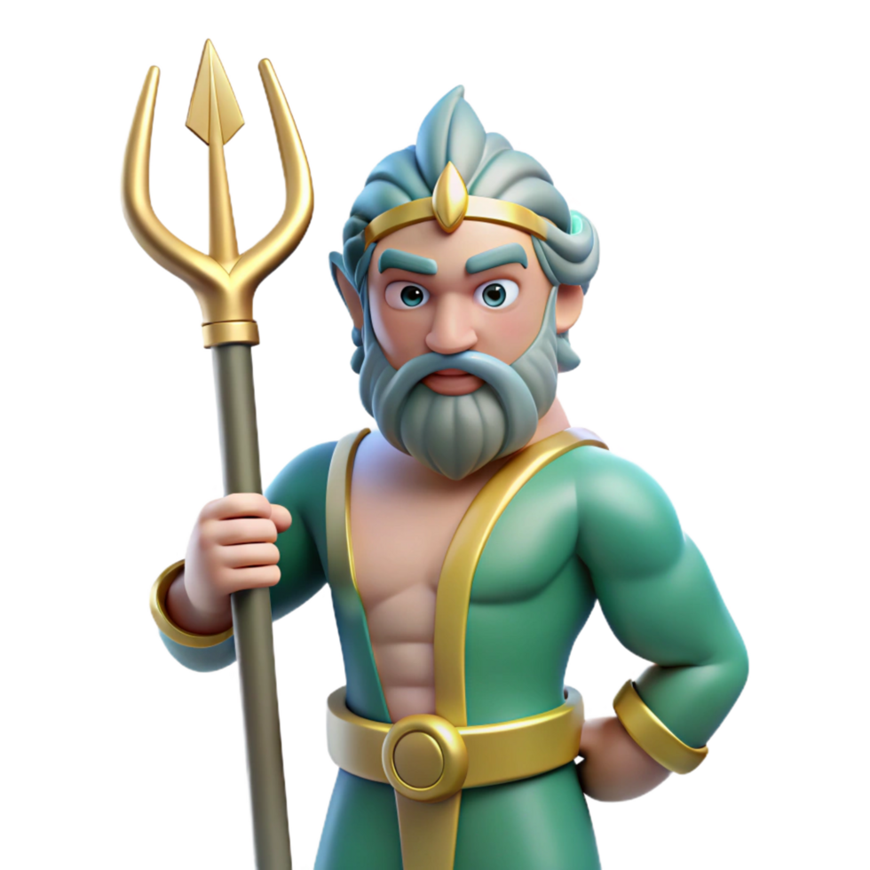 majestic intense vintage Poseidon, God of the Sea, holding trident, powerful stance. NO BACKGROUND with Transparent Background. sharp png