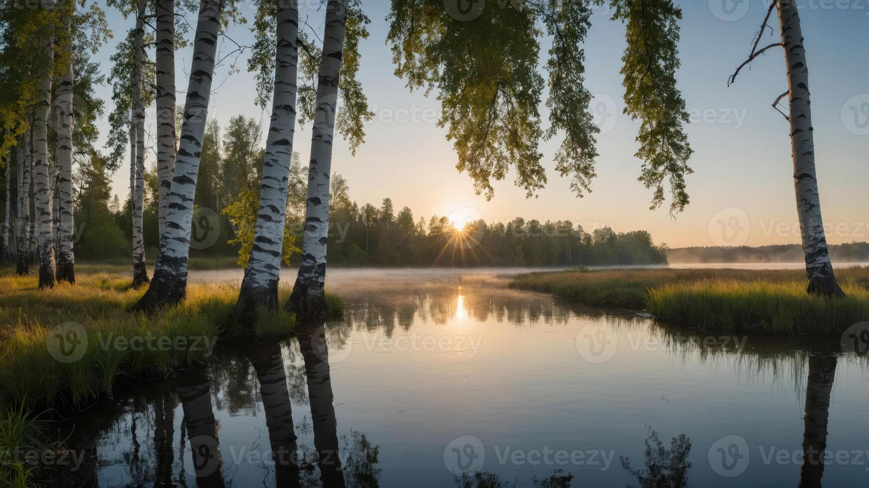 Sunrise Reflection on Calm Lake with Birch Trees in Meadow photo
