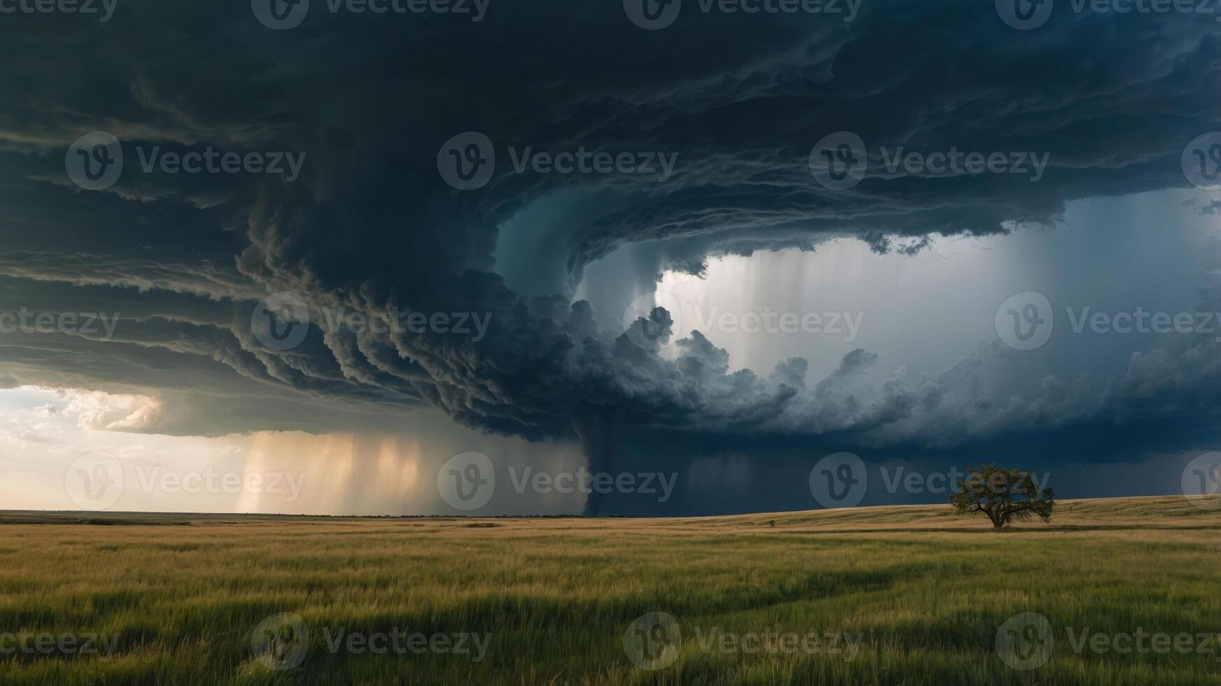 Dramatic Storm Clouds Gathering Over Field with Rain and Lone Tree photo
