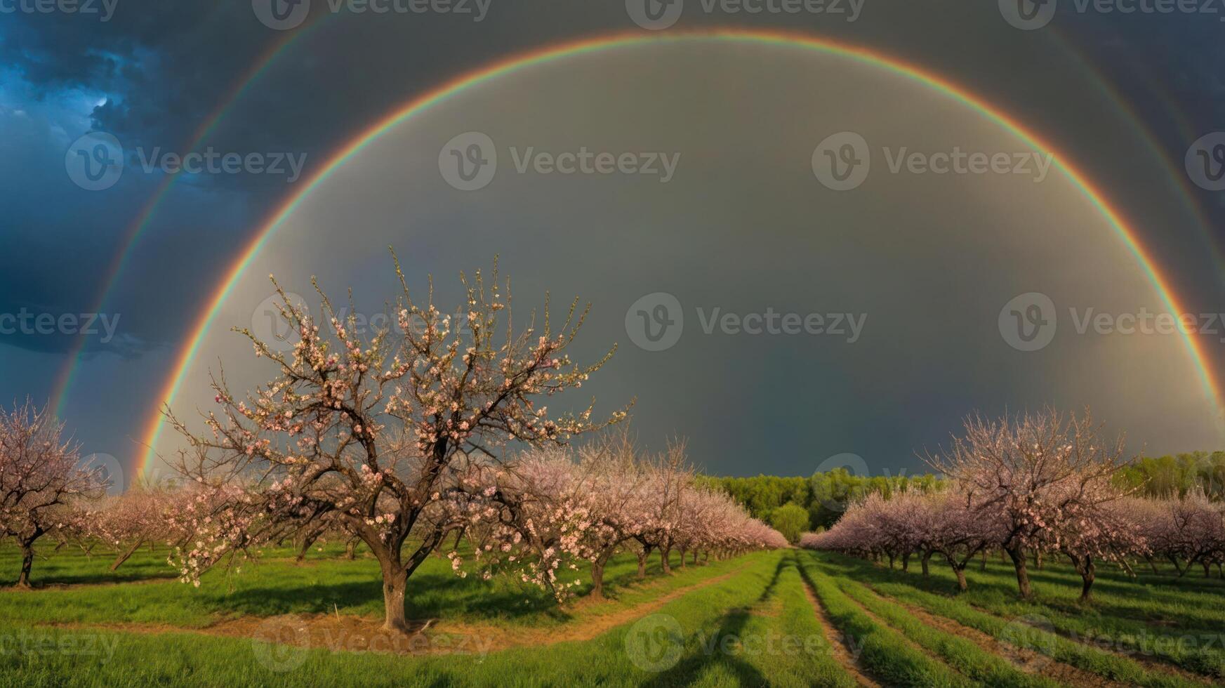 Blossoming Orchard with Rainbow Creates Serene Spring Landscape Scenery photo
