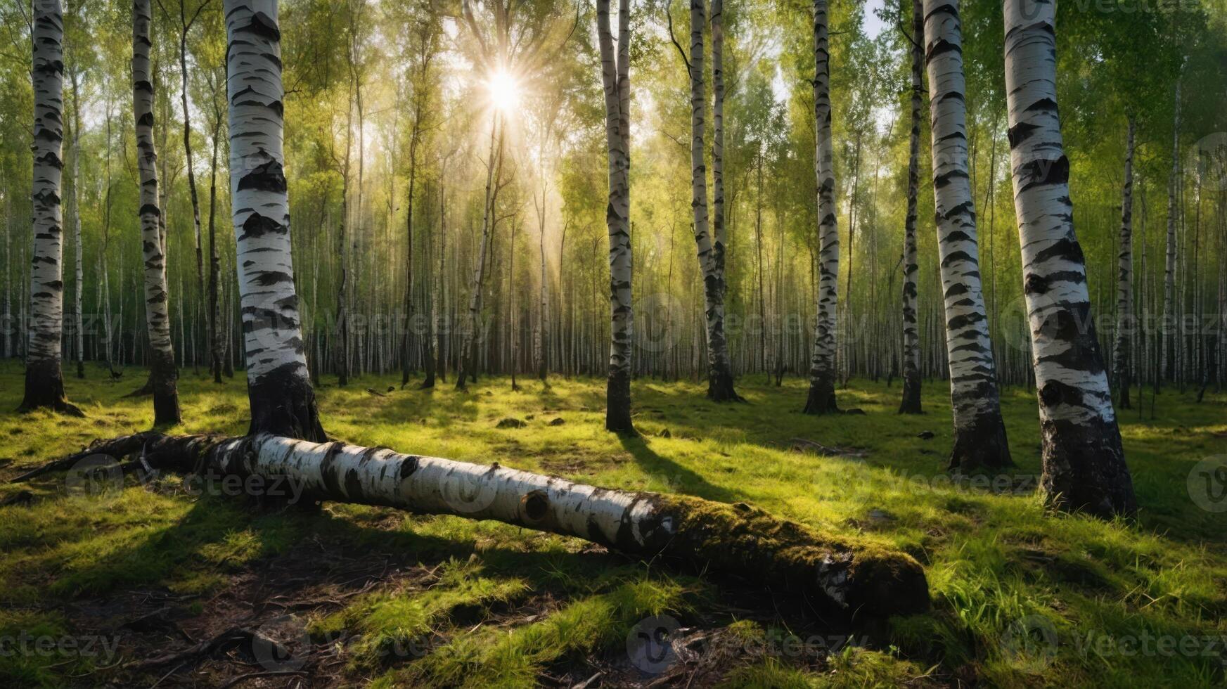 Walking in Serene Birch Tree Forest with Sunlight Shining Through Trees photo