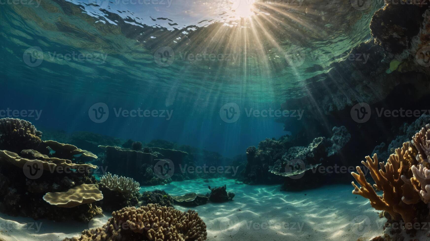 Underwater Coral Reef Scenery with Sunlight Filtering Through Ocean Surface photo