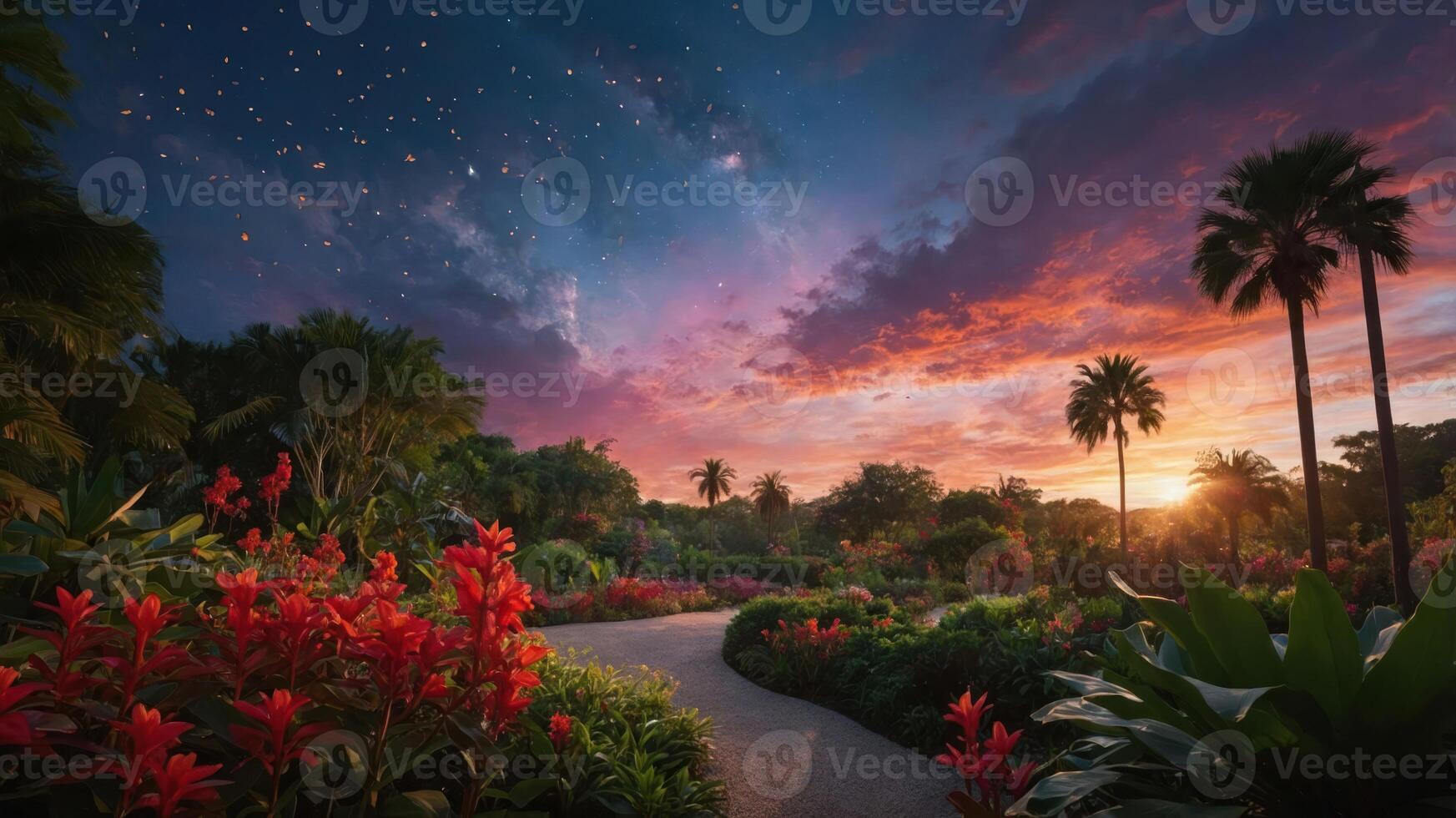 Walking Path Through Lush Tropical Garden at Sunset with Dramatic Sky photo
