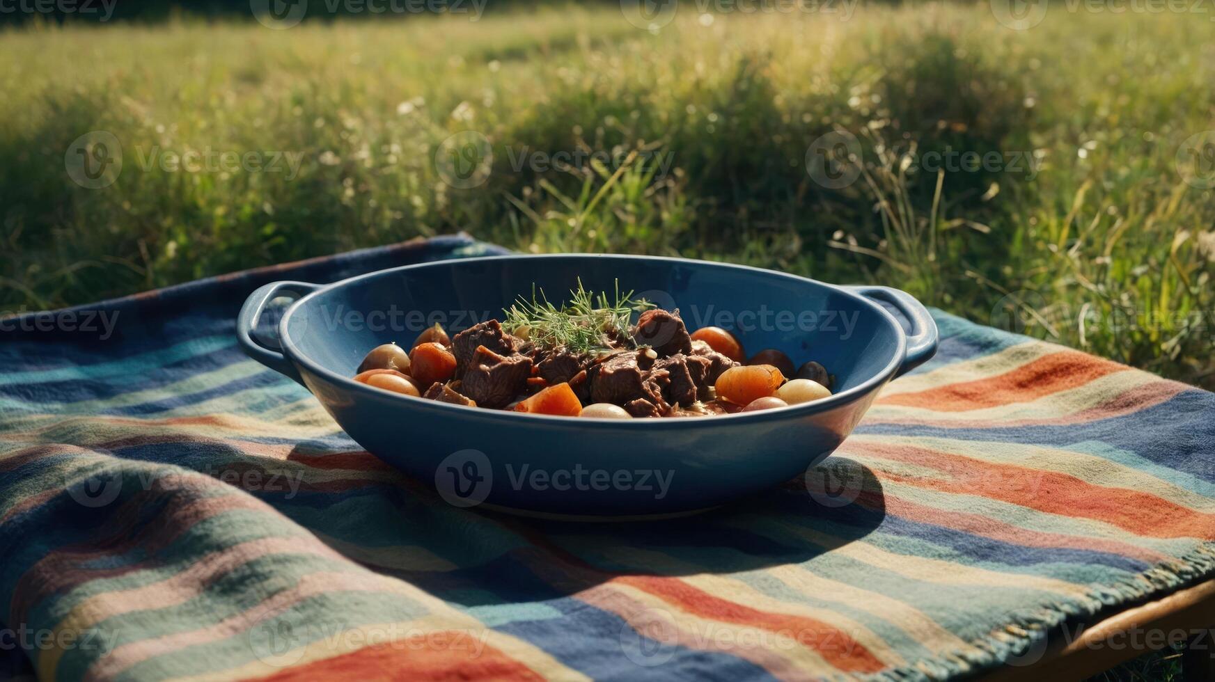 Hearty Beef Stew with Root Vegetables Served Outdoors on Colorful Blanket photo