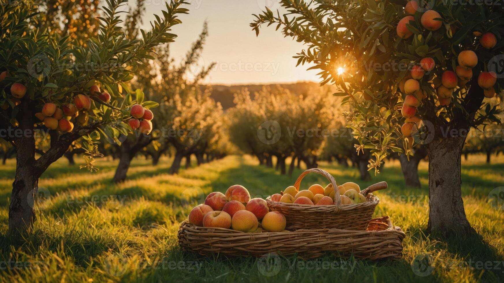 Harvesting Peaches in Orchard with Sun Shining Through Trees photo