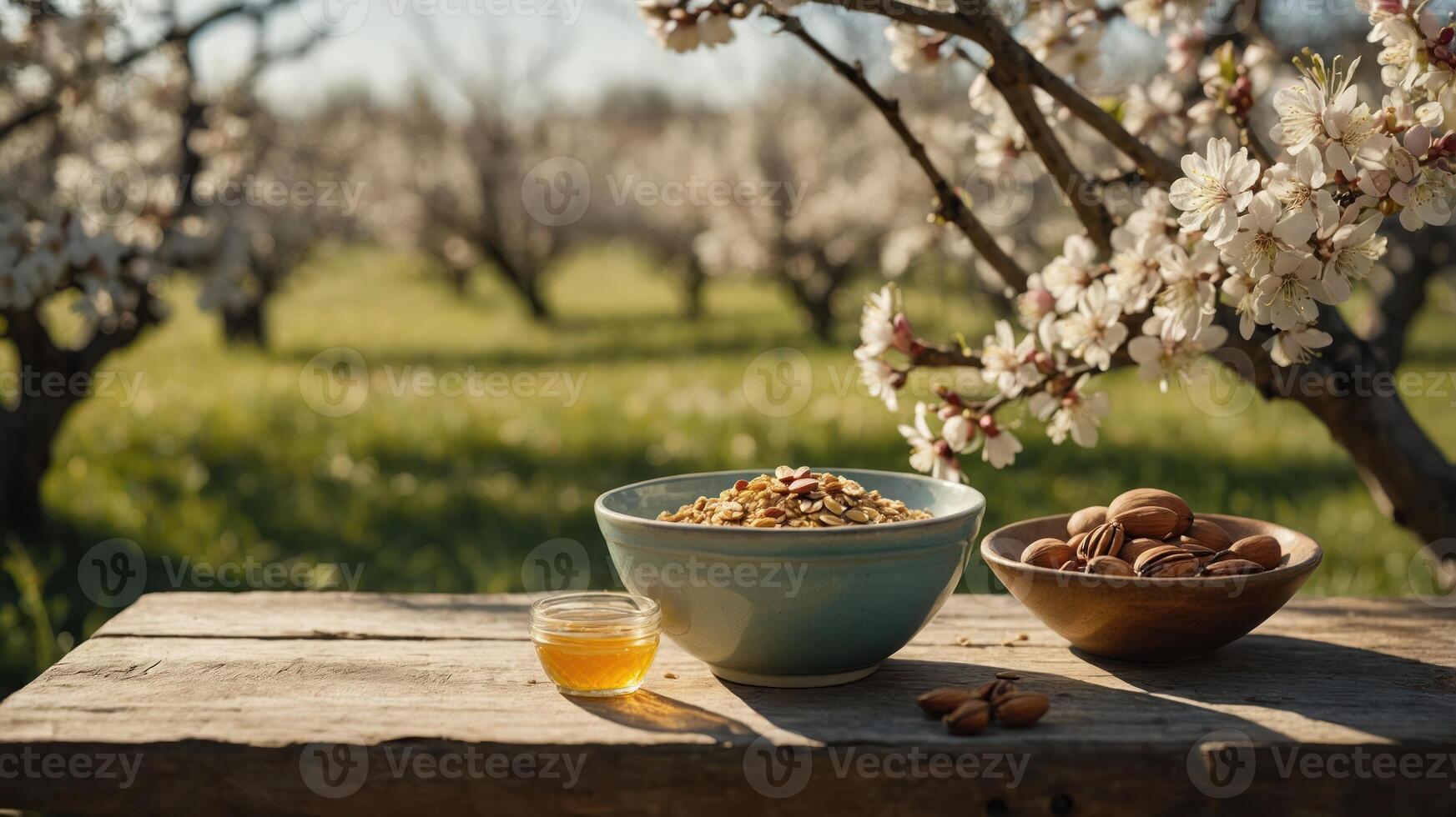 Enjoying Breakfast Outdoors Fresh Bowl of Granola with Almonds and Honey photo