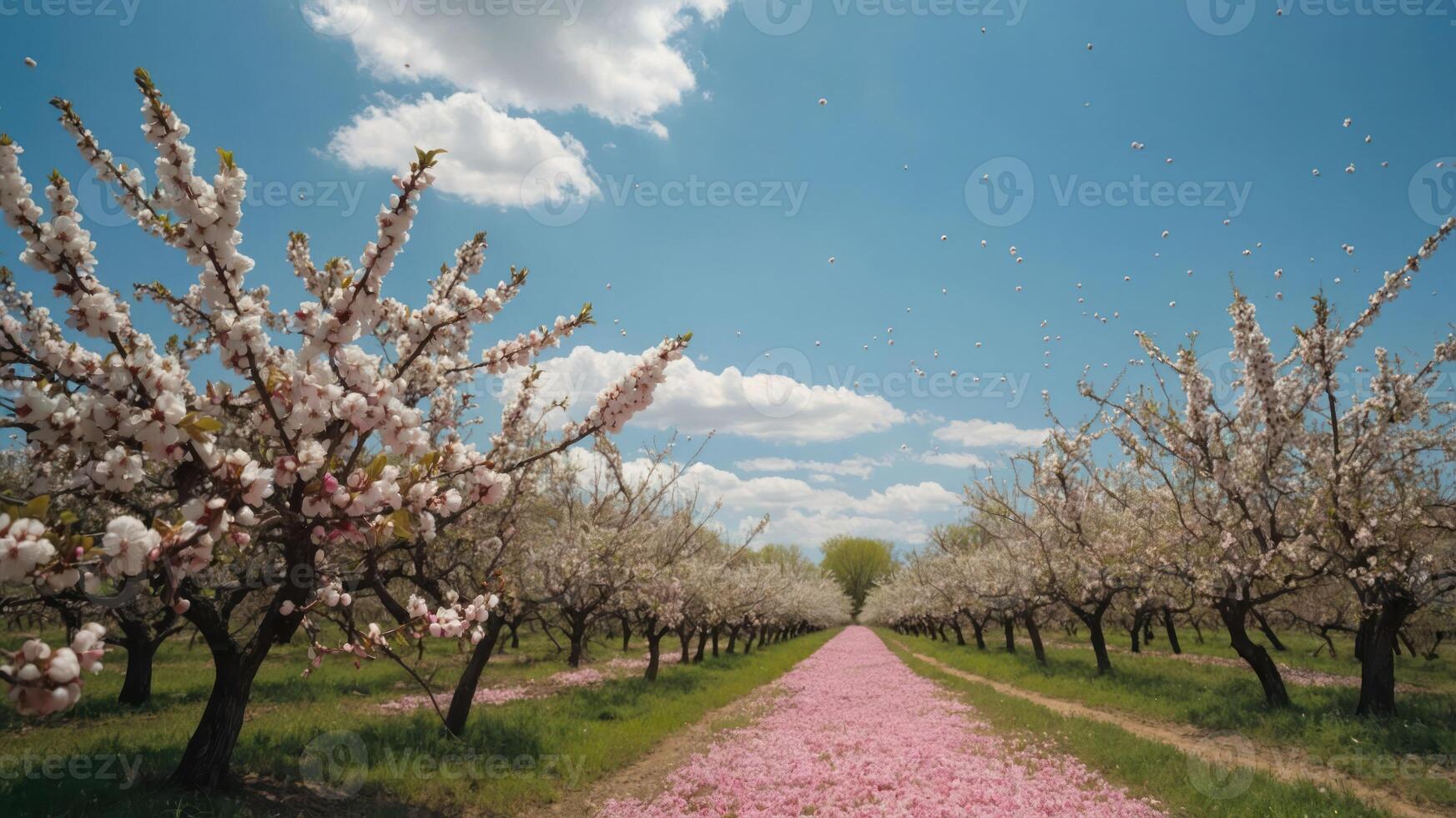 Blossom Tree Orchard with Petal Covered Path Under a Blue Sky photo