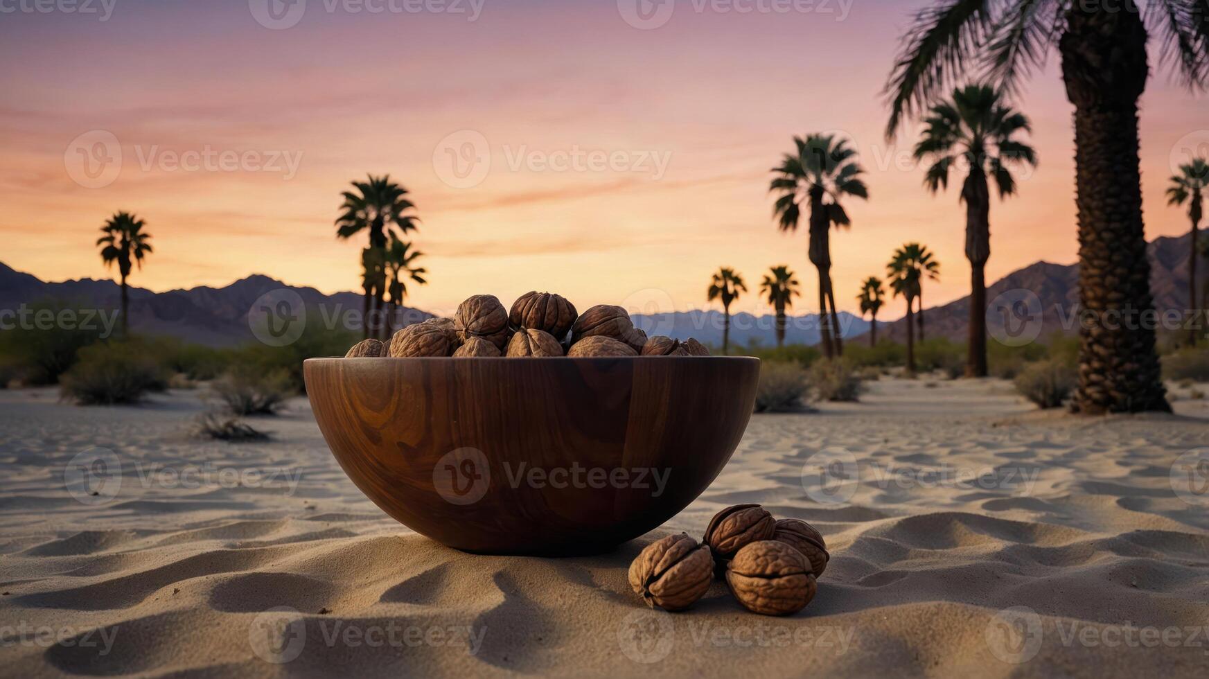 Walnuts in Wooden Bowl on Desert Sand with Palm Trees Sunset photo