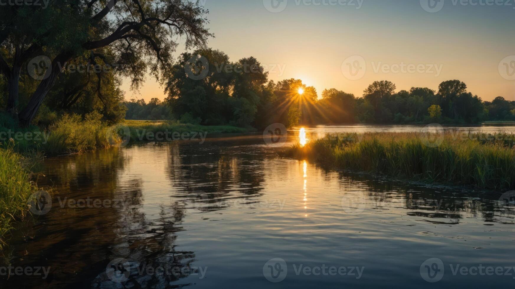 River View at Golden Hour Trees and Sun Star Radiating Light photo
