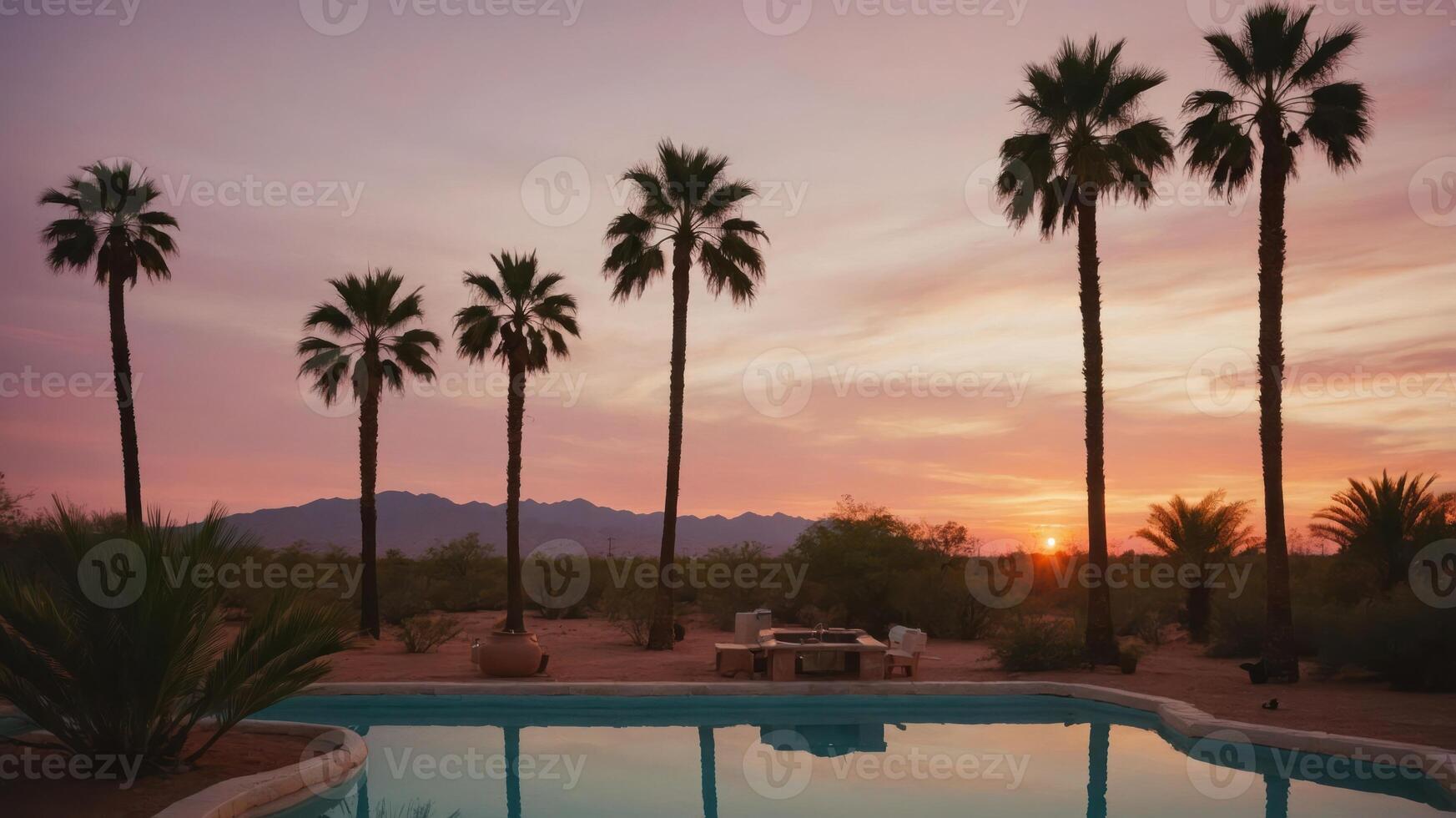 Swimming Pool Surrounded by Palm Trees During Desert Sunset photo