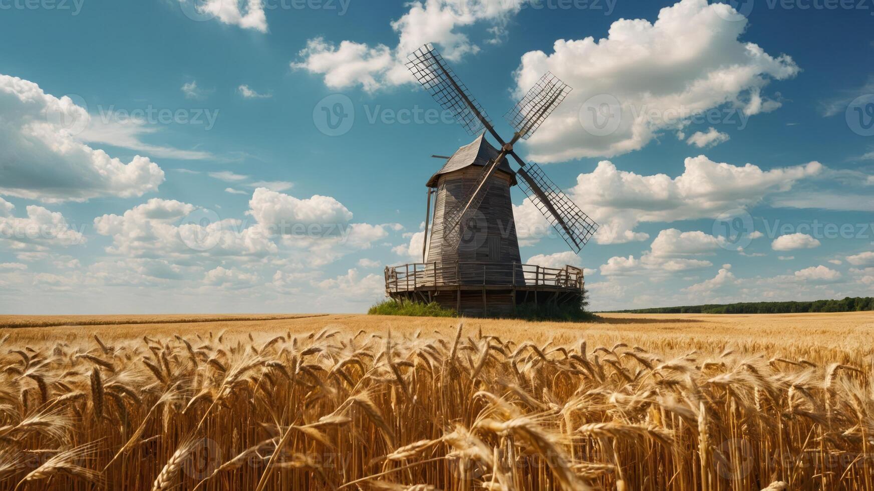Windmill Standing in Golden Wheat Field Under a Partly Cloudy Sky photo