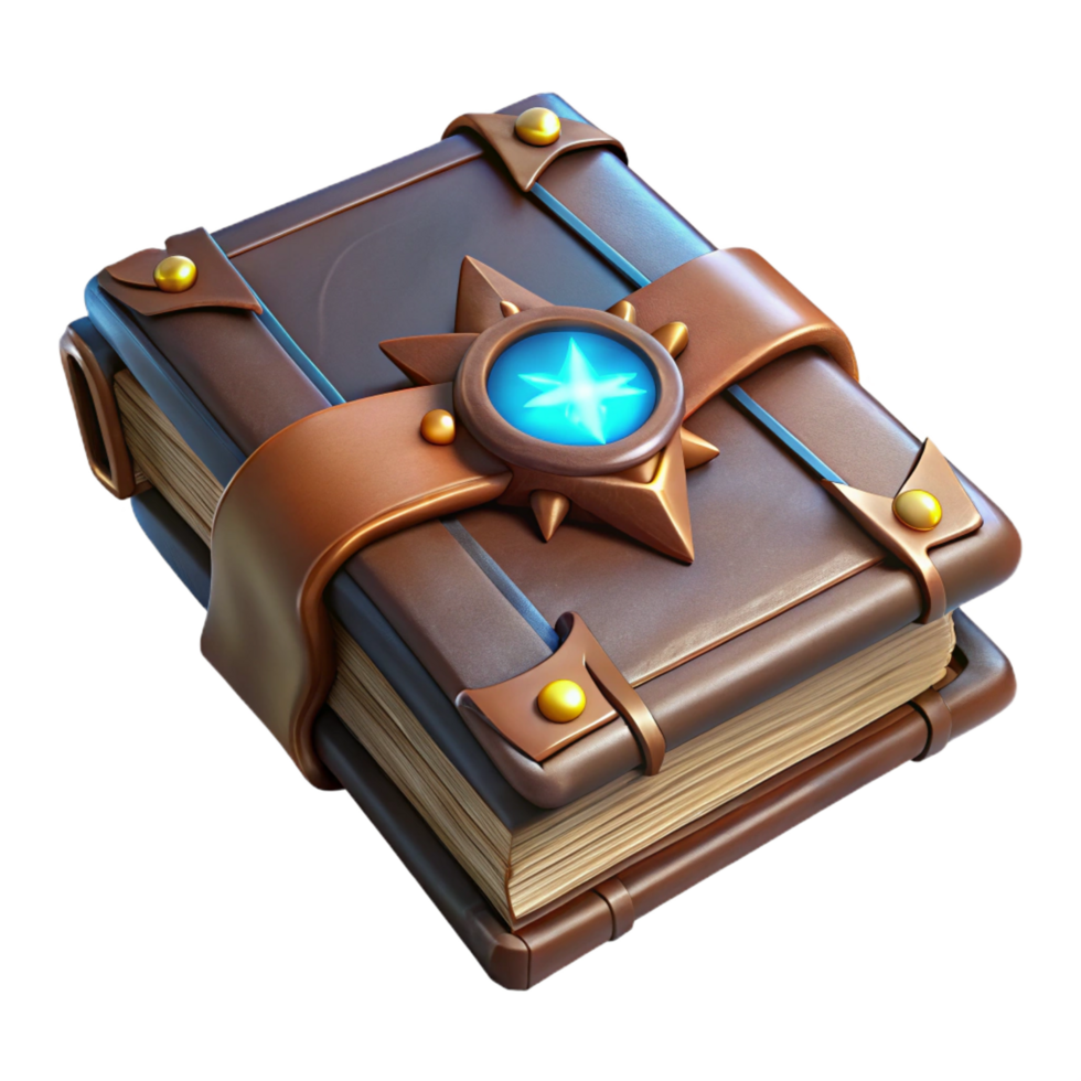 reflective mesmerizing A worn leather-bound spellbook with a glowing arcane sigil, NO BACKGROUND with Transparent Background. authentic png