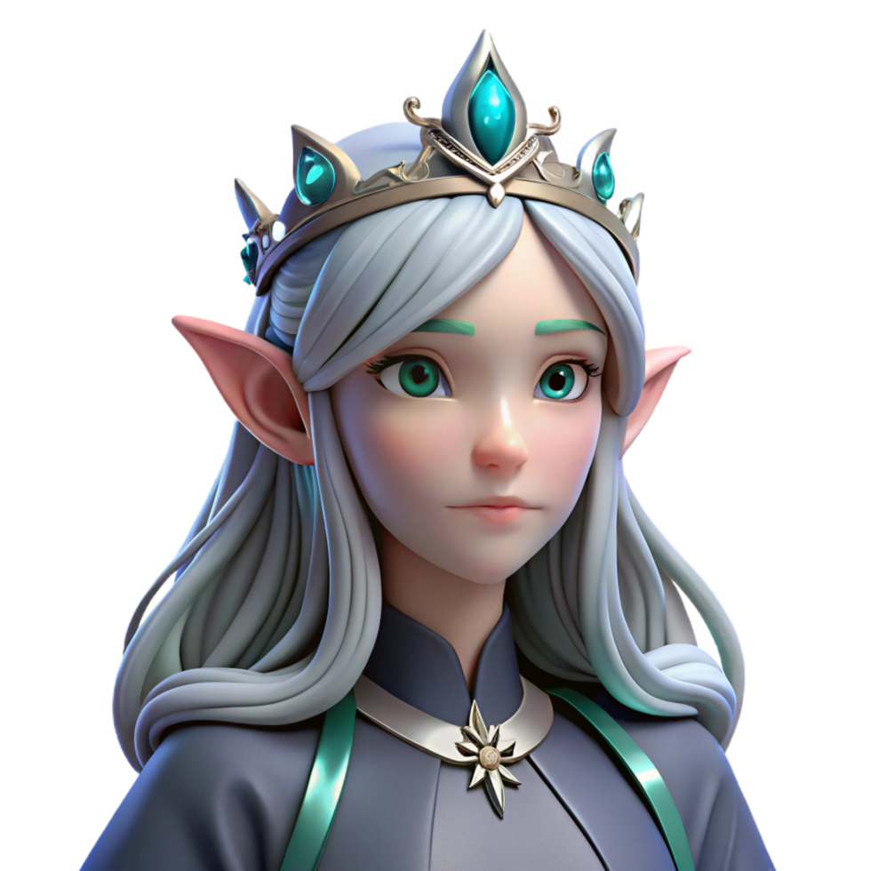 tranquil breathtaking A beautiful elf queen with flowing silver hair and a jeweled crown, NO BACKGROUND with Transparent Background. museum quality png