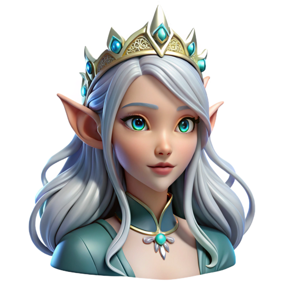 mysterious alluring A beautiful elf queen with flowing silver hair and a jeweled crown, NO BACKGROUND with Transparent Background. perfect clarity png