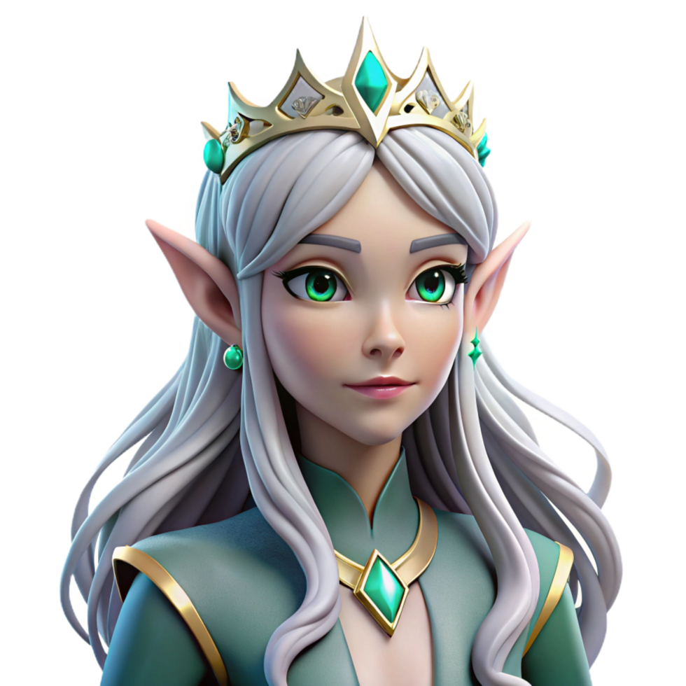 majestic harmonious traditional A beautiful elf queen with flowing silver hair and a jeweled crown, NO BACKGROUND with Transparent Background. genuine png