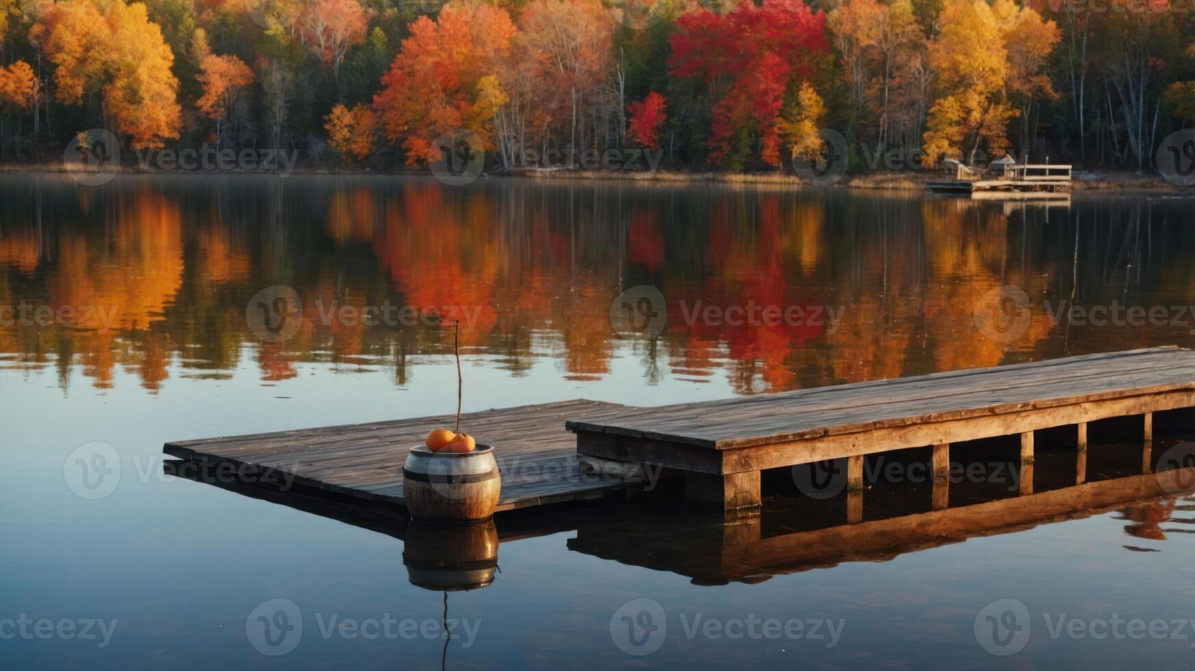 Autumnal Lake Reflection Scene with Dock and Colorful Trees photo