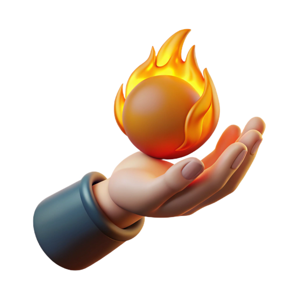 impressive quintessential A single hand holding a flaming fireball, NO BACKGROUND with Transparent Background. png