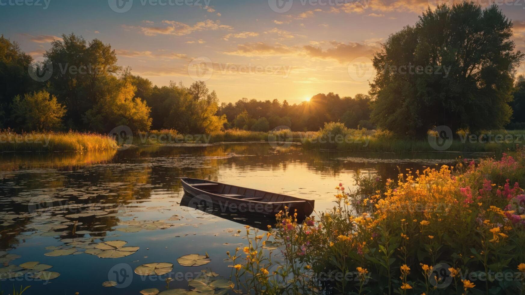 Rowboat Resting on Calm Lake at Golden Sunset Hour with Flowers photo