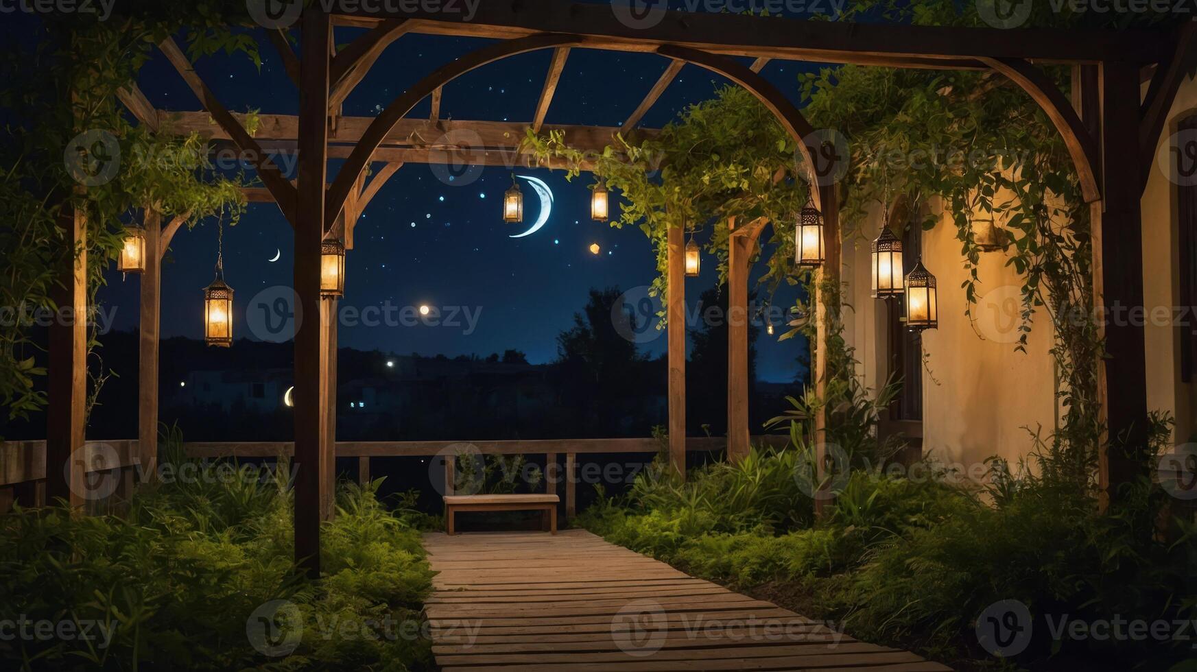 Pergola Pathway with Lanterns Under Night Sky Stars and Moon photo