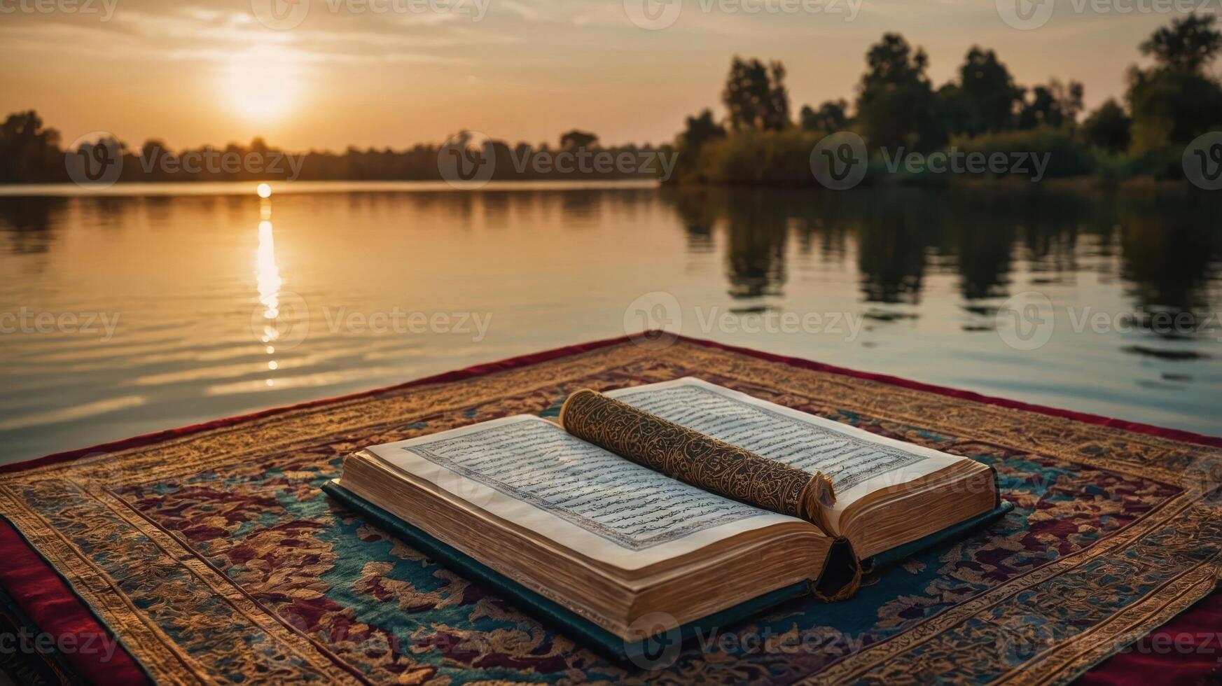Open Book on Carpet by the Water with Sunset Background photo