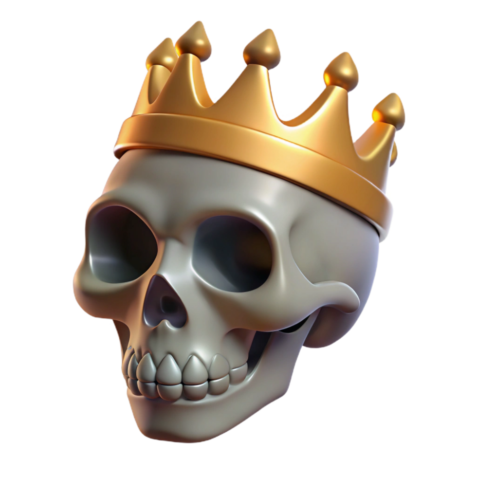 fascinating whimsical artistic A realistic rendering of a human skull wearing a golden crown, NO BACKGROUND with Transparent Background. crisp png