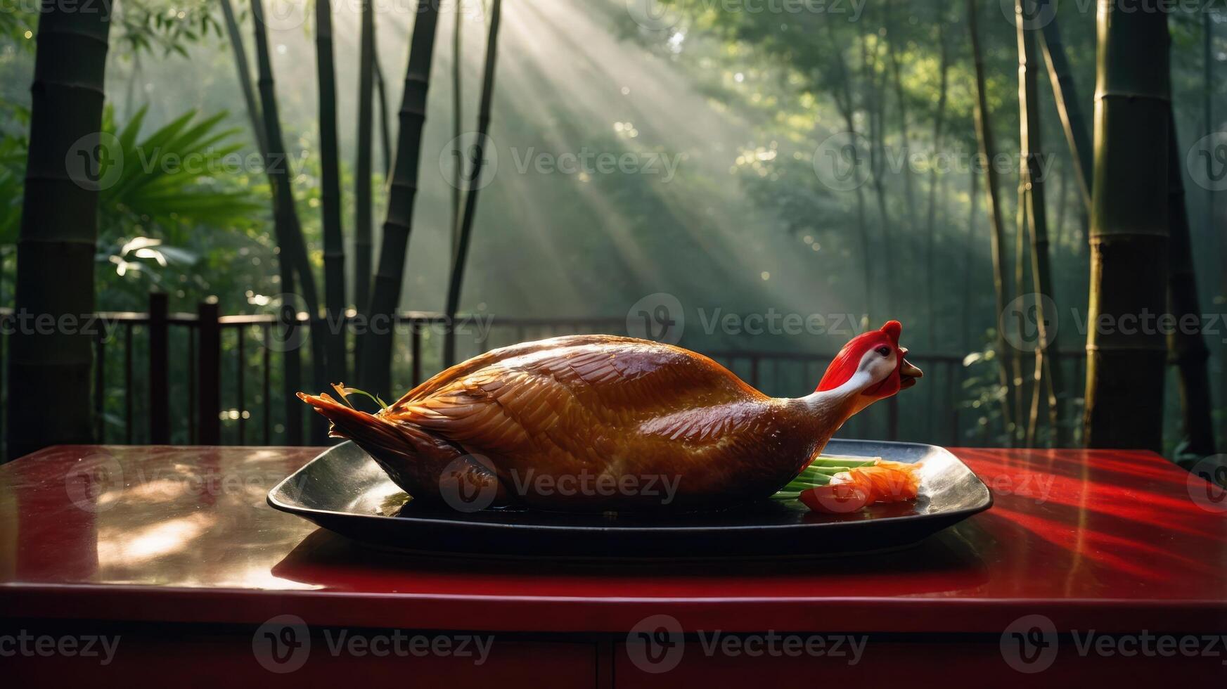 Cooked Duck Presentation on Plate Outdoors with Bamboo Forest Backdrop photo