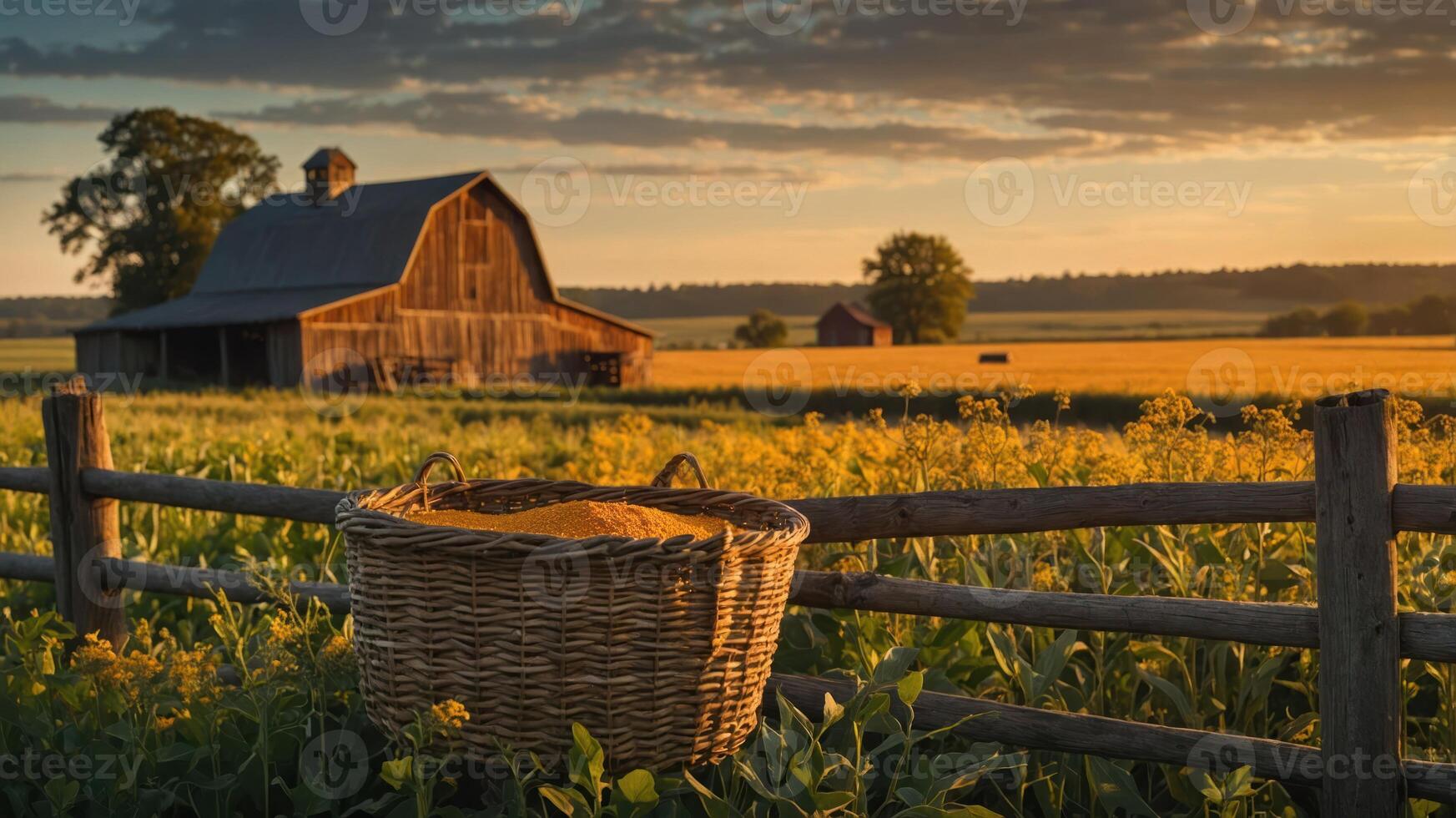Basket of Grain in a Rustic Farm Landscape at Sunset photo