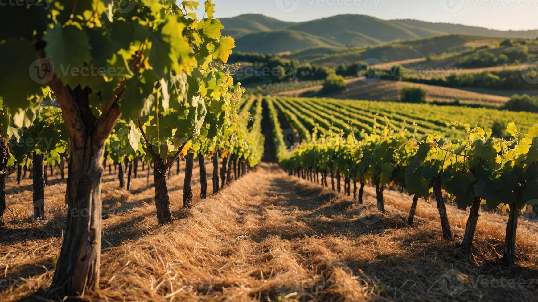 Walking Through Vineyard Rows on a Sunny Day with Distant Hills photo