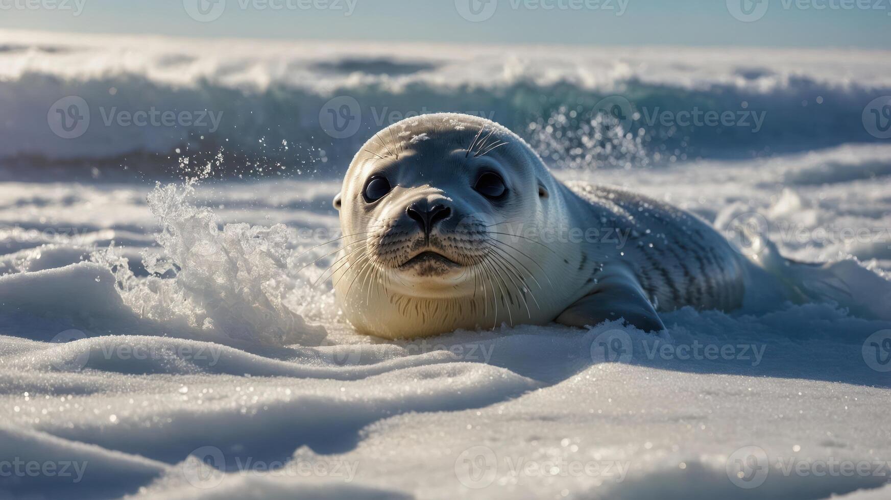 Baby Seal Pup Resting on Snowy Shoreline with Gentle Waves photo