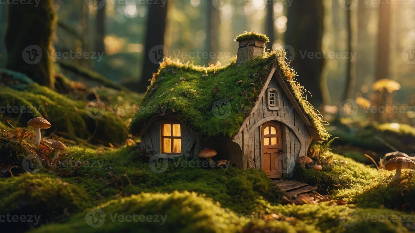 Small Cottage in Forest with Glowing Windows and Mossy Roof photo