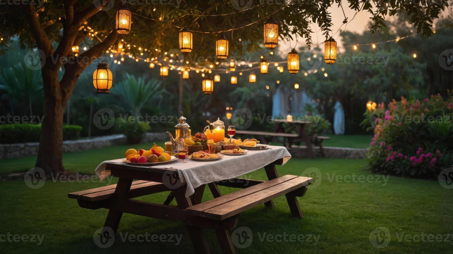 Picnic Table Setting with Glowing String Lights in Lush Garden photo