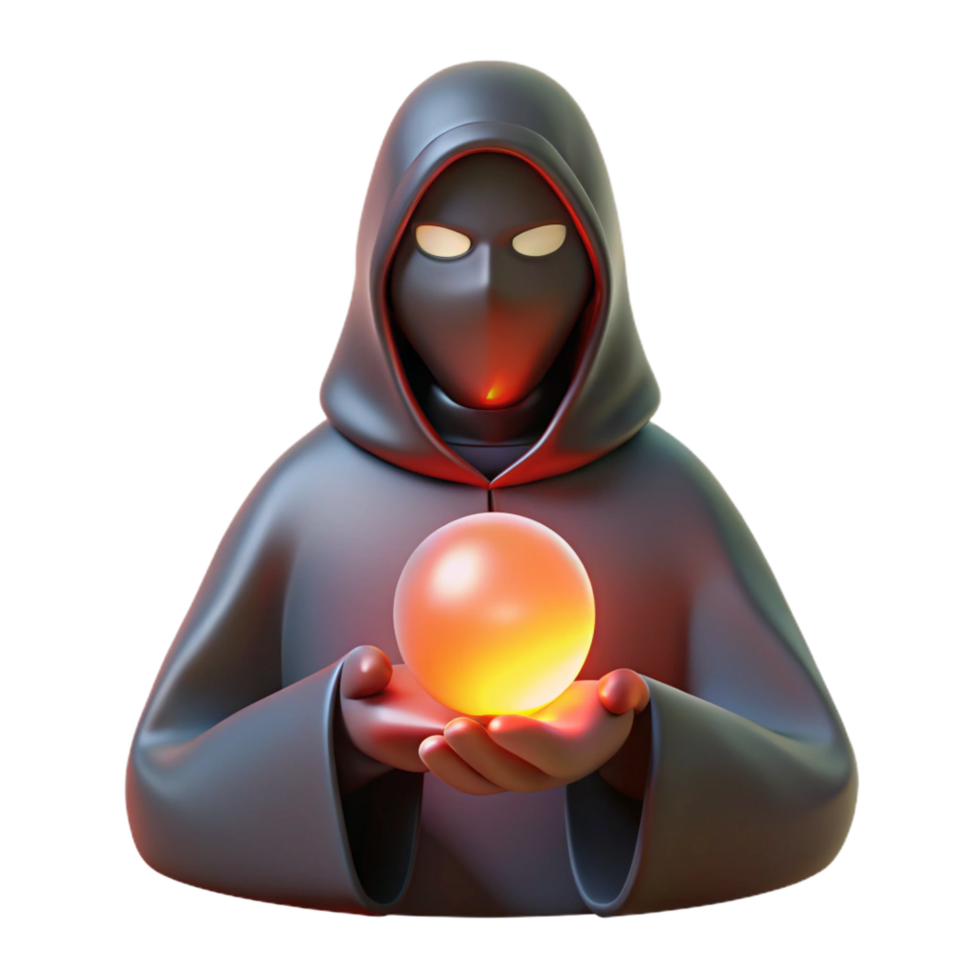 energetic extraordinary A mysterious hooded figure clutching a glowing orb. NO BACKGROUND with Transparent Background. handcrafted png