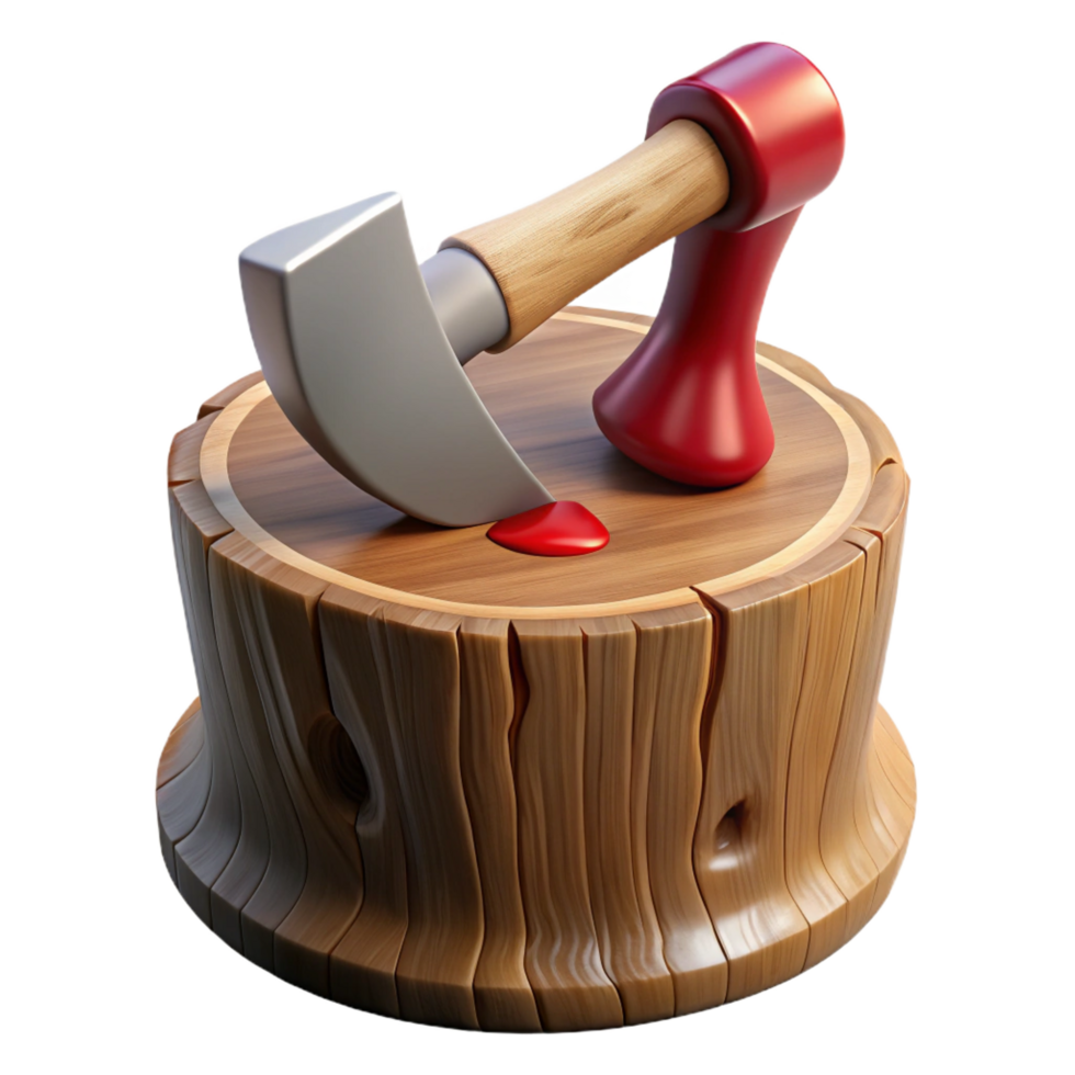 glorious distinctive A single, bloodied axe embedded in a wooden stump. NO BACKGROUND with Transparent Background. png