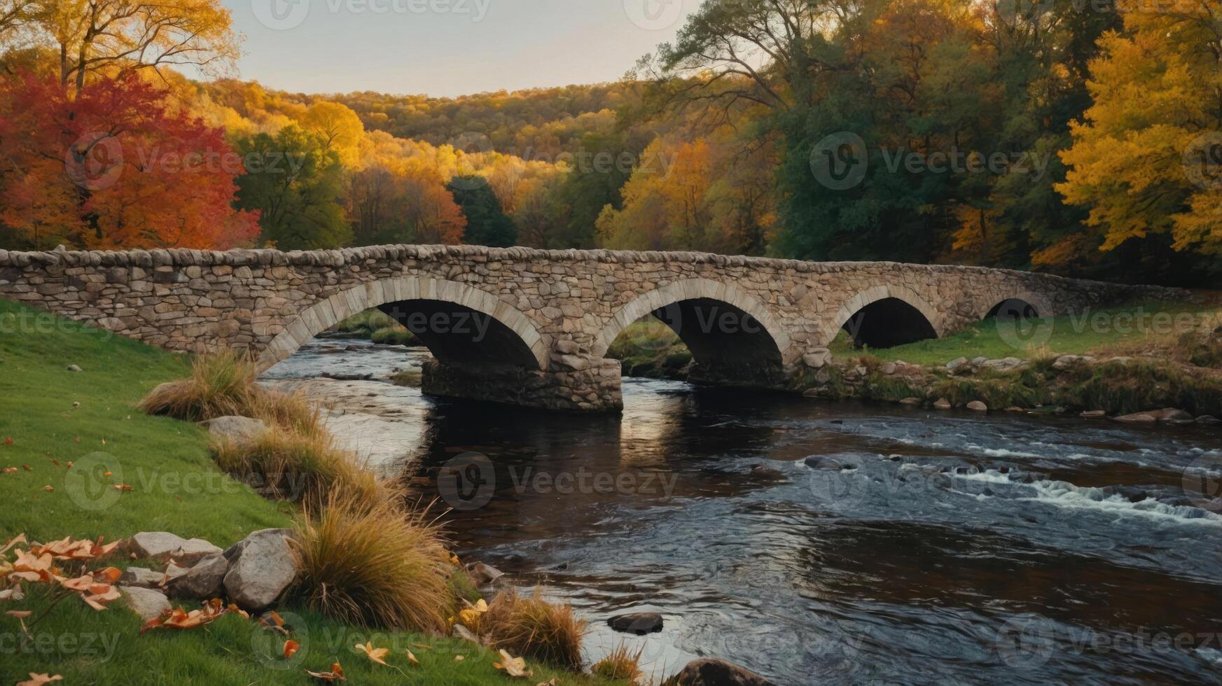 Stone Arch Bridge Crossing River with Colorful Autumn Trees Landscape photo