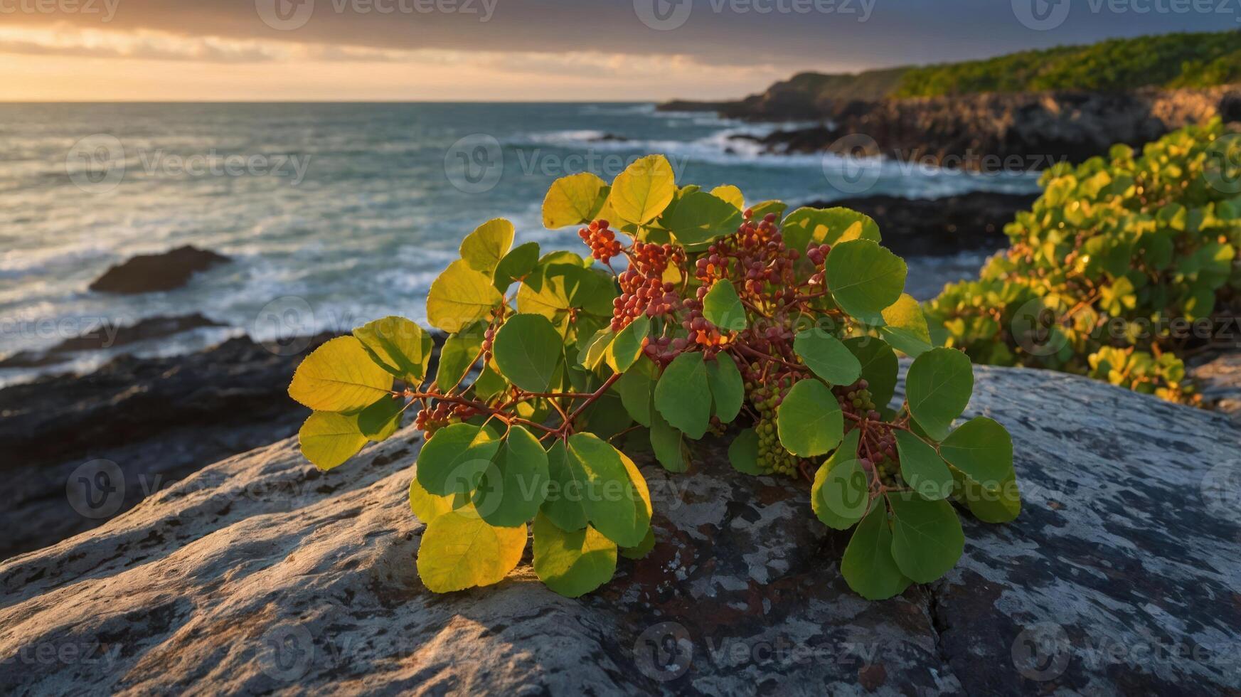 Coastal Plant with Berries on Rock Seashore at Sunset photo