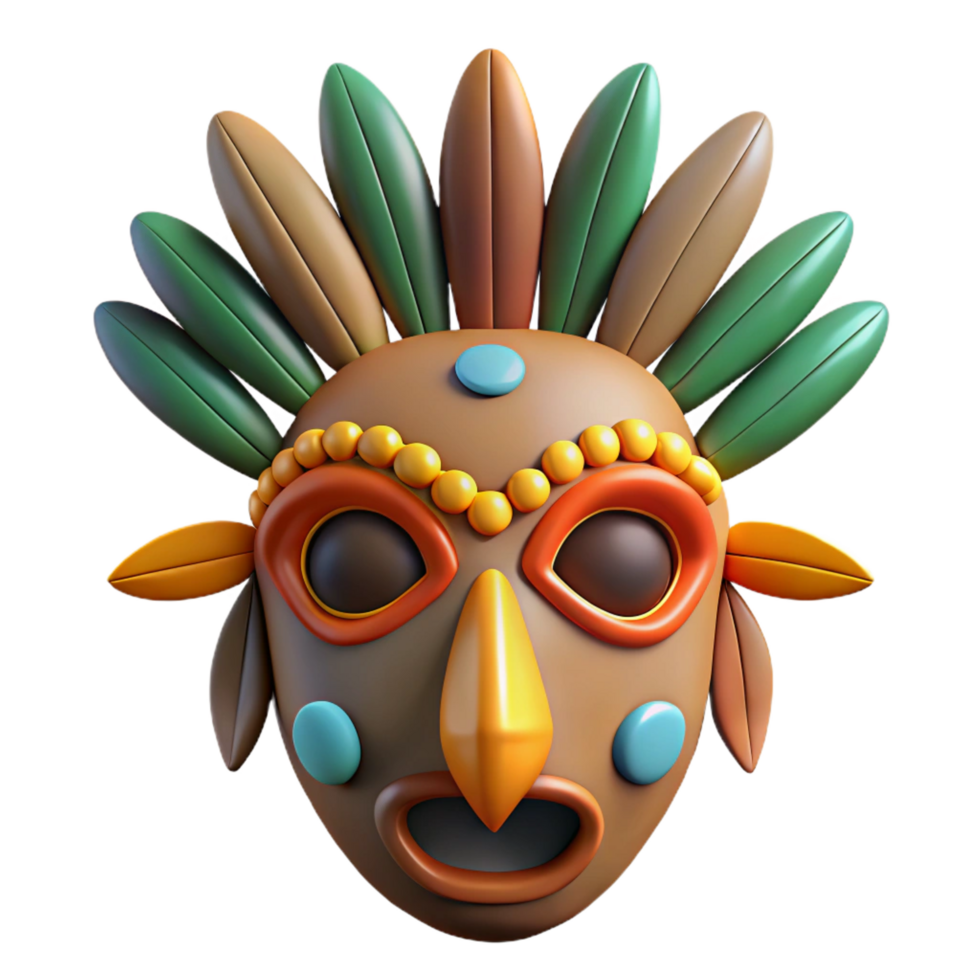 exquisite whimsical rustic A stylized tribal mask with feathers and beads. NO BACKGROUND with Transparent Background. expertly shot png