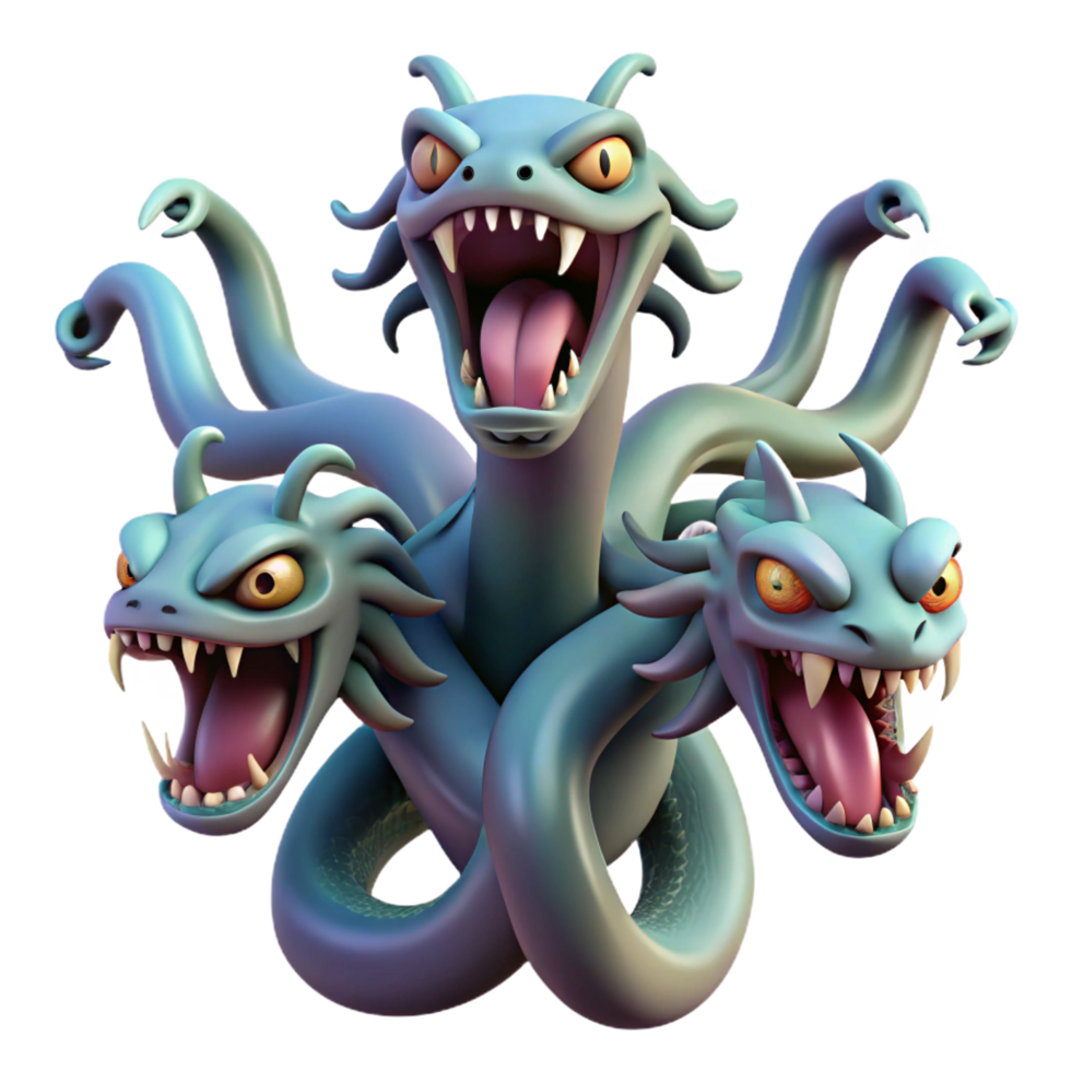 extraordinary exceptional A ferocious hydra with multiple heads. NO BACKGROUND with Transparent Background. png