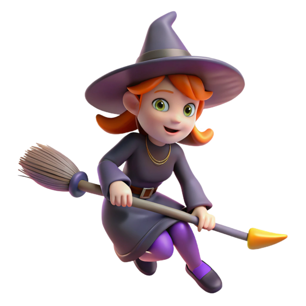 hypnotic modern A stylized cartoon witch riding a broomstick. NO BACKGROUND with Transparent Background. top-tier png