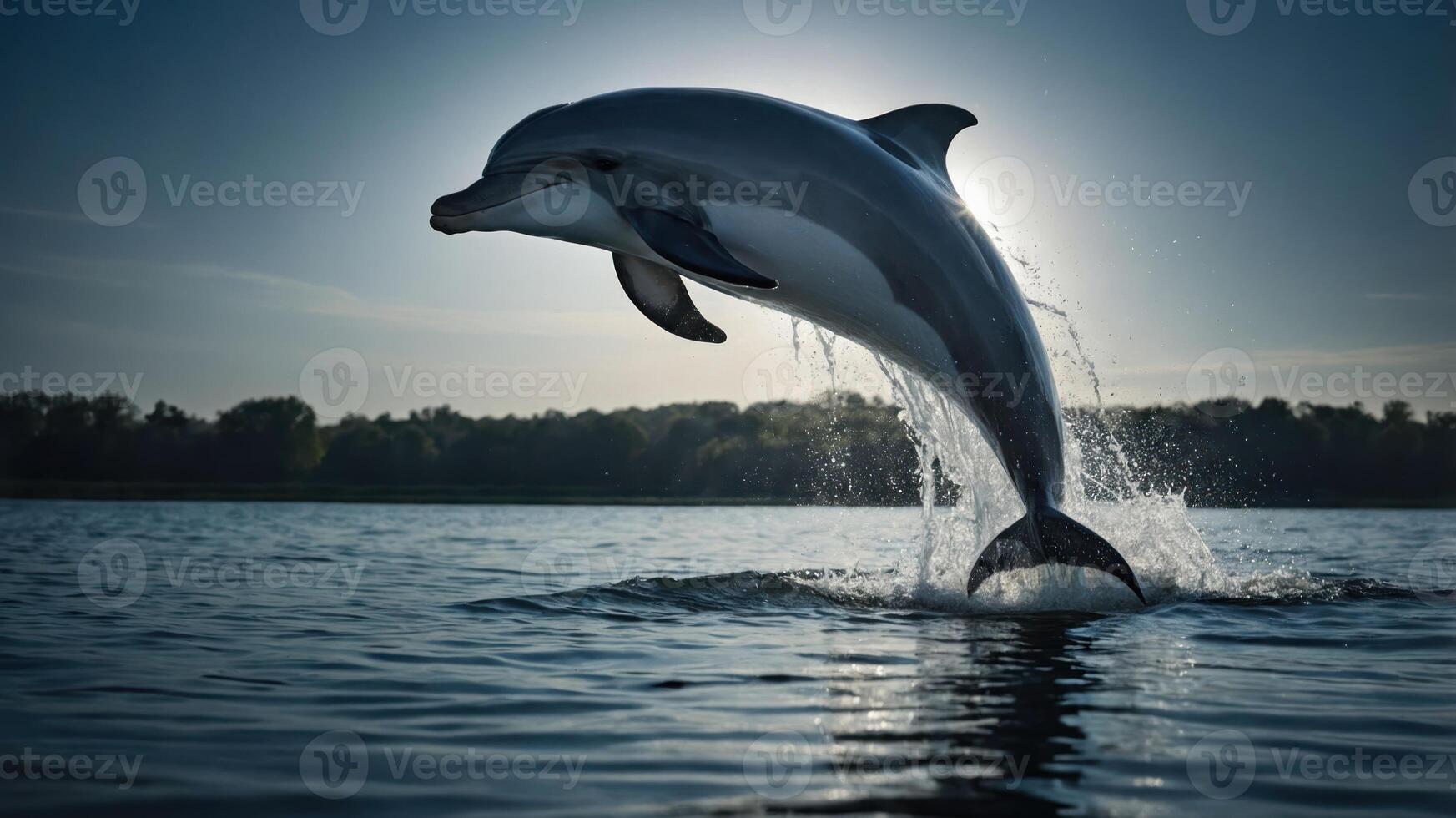 Dolphin Leaping From Water with Splashes Under Sunlight in Nature photo