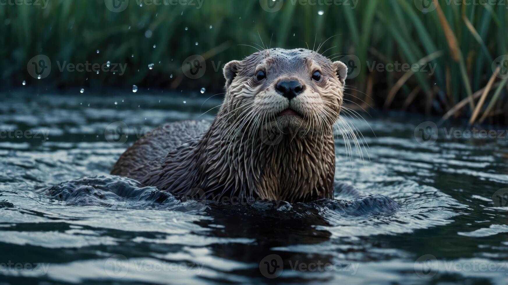 Otter Swimming in River Looking at Camera Wildlife Scene photo