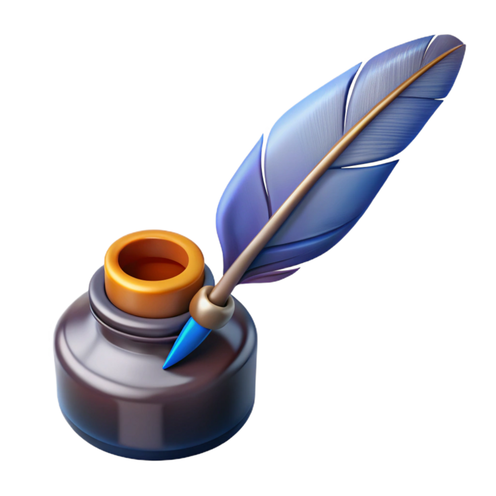 exquisite artistic A realistic illustration of a feather pen and inkwell. NO BACKGROUND with Transparent Background. high quality png