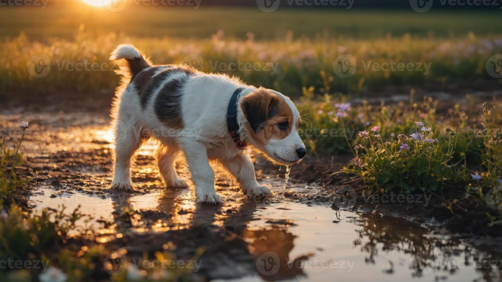 Puppy Drinking Water From a Muddy Puddle at Sunset photo