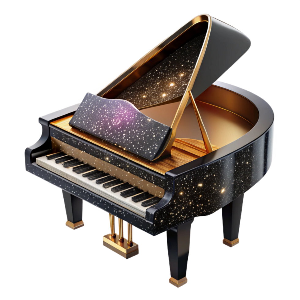 elegant traditional Grand Piano Cutout with Black Lacquer Finish and Open Lid high resolution png
