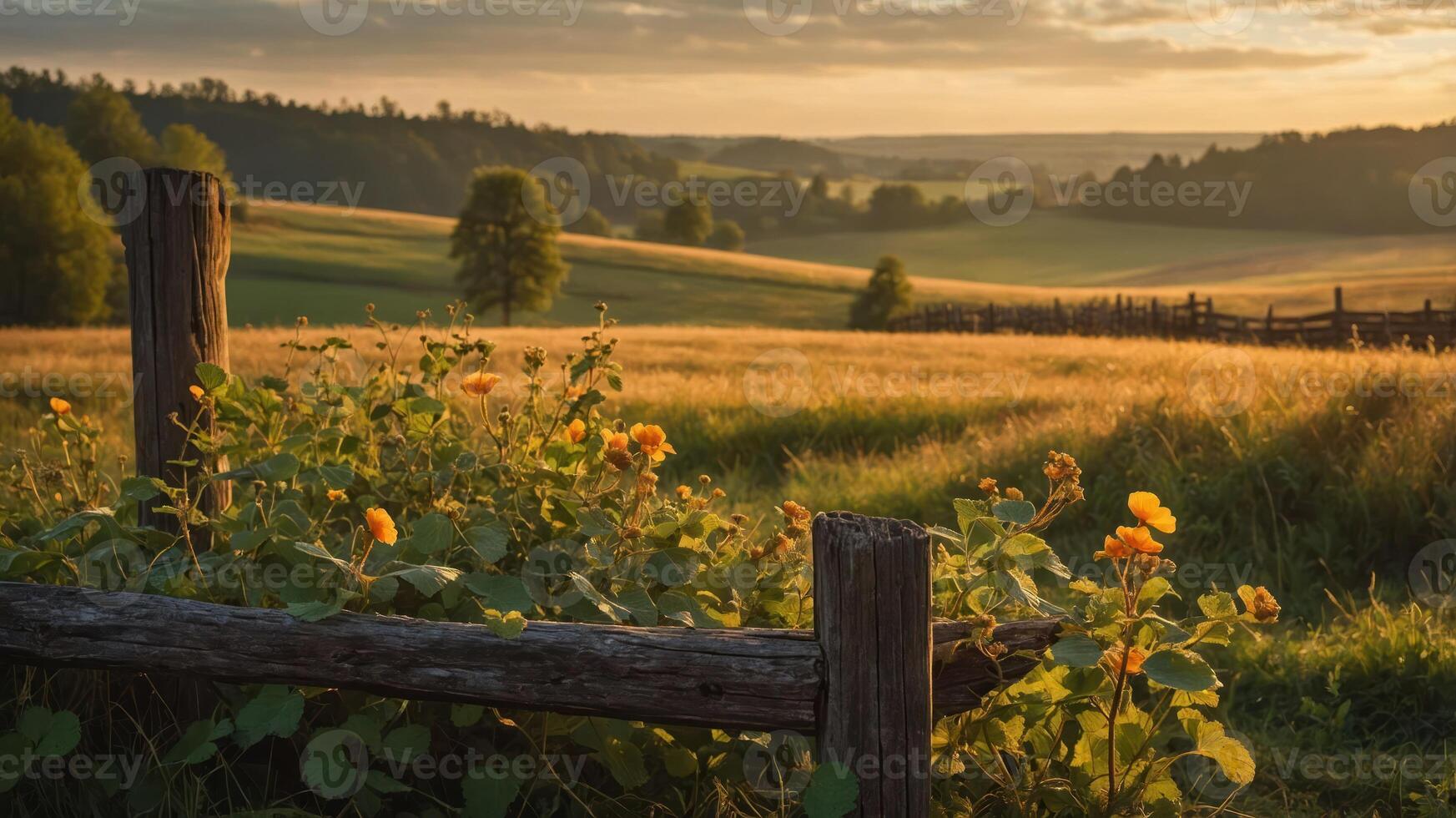 Rustic Fence and Yellow Flowers in Meadow at Sunset Landscape photo