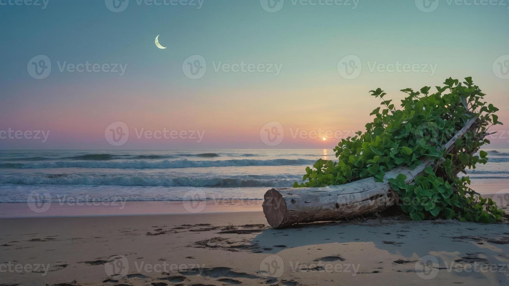 Driftwood with Vines on Sandy Beach at Sunset with Waves photo