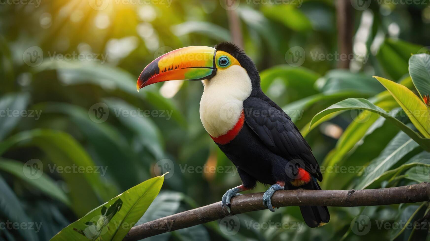 Toucan Perched on Branch in Lush Green Jungle Environment photo