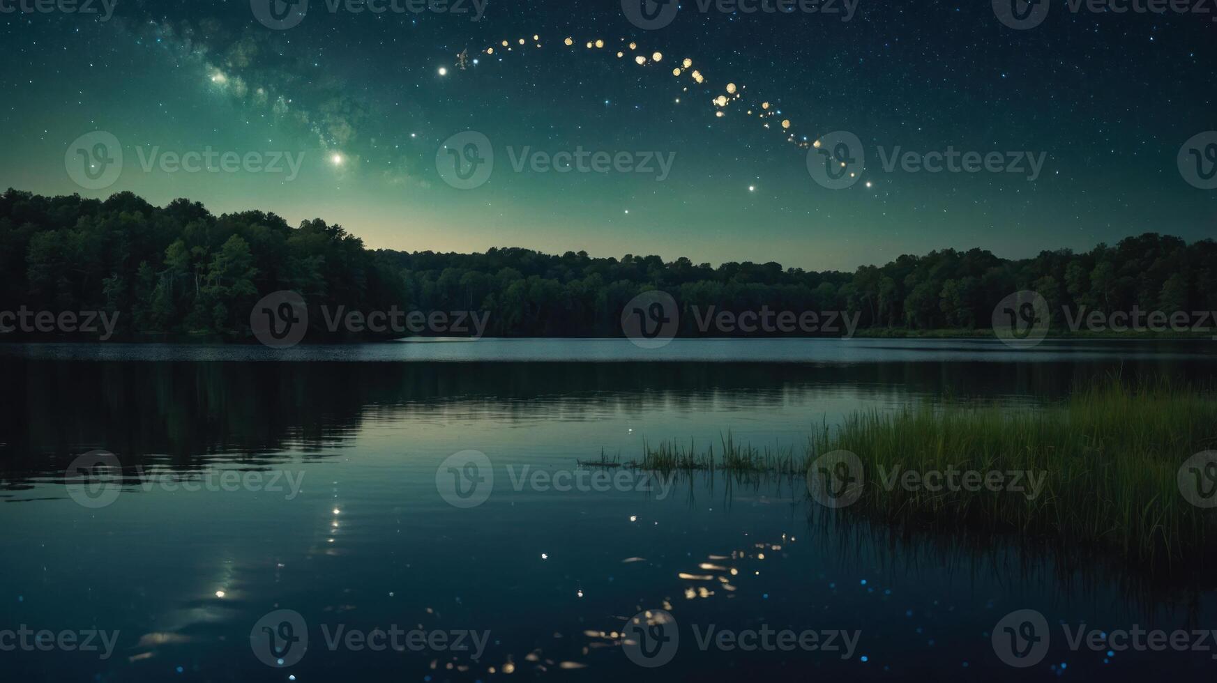 Still Lake Reflecting Starry Night Sky and Forest Landscape photo